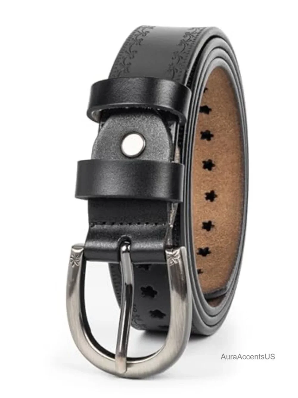 Vintage Floral Engraved Embossed Genuine Leather Western Belt for Jeans Dresses